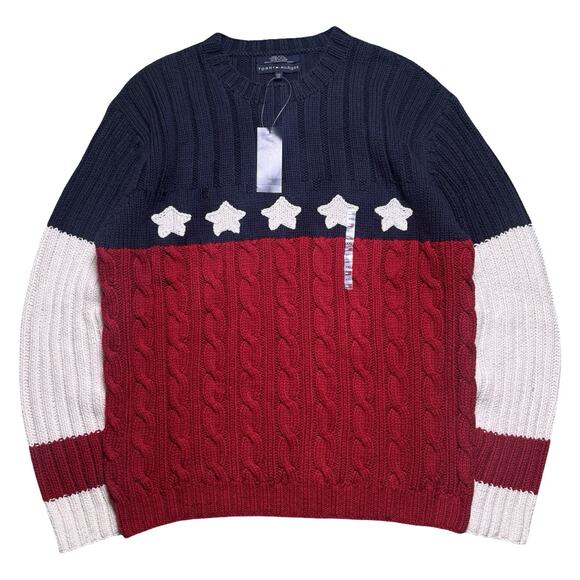Vintage Tommy Hilfiger American Flag Cable Knit Sweater Mens 2XL Polo New NWT - Picture 1 of 7